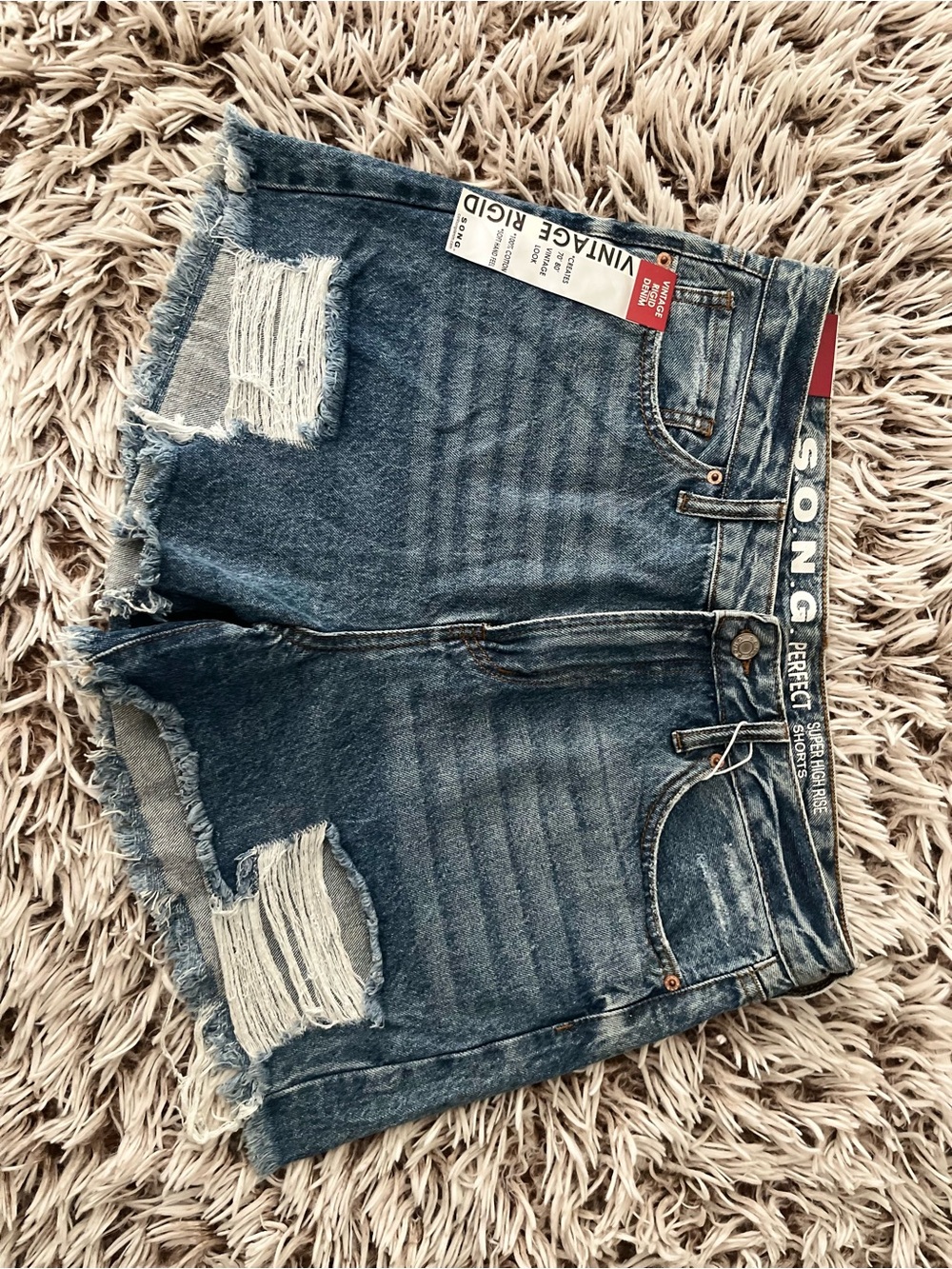 SONG Vintage Rigid Blue Distressed Denim Shorts